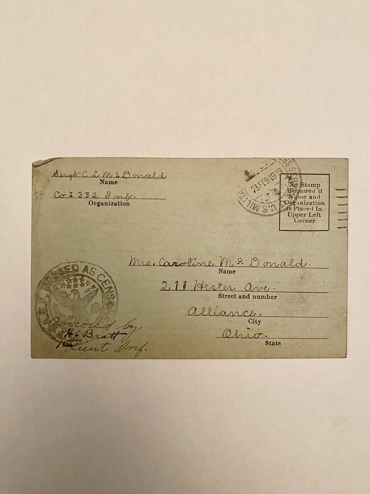 WW1 Notice Of Location Soldier Postcard Genoa Italy Alliance Ohio Carl McDonald