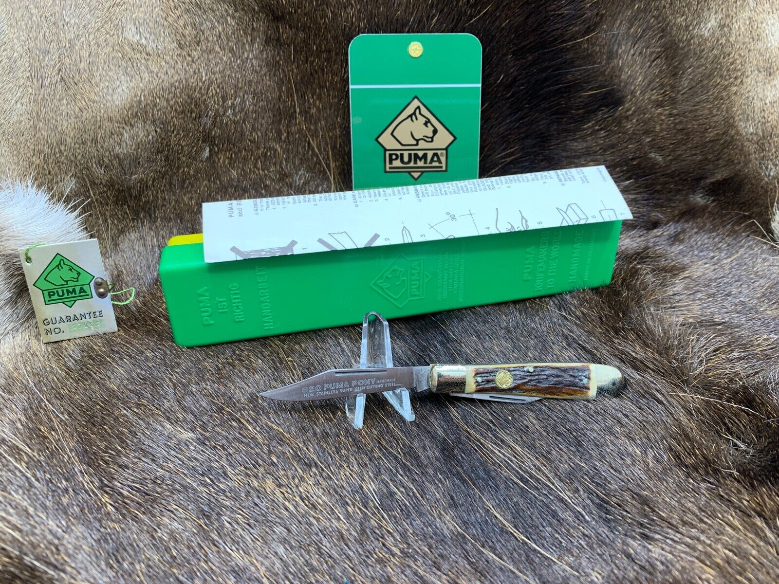  1982 Puma 620 Pony Knife With Stag Handles In Green/ Yellow Factory Box & Tag