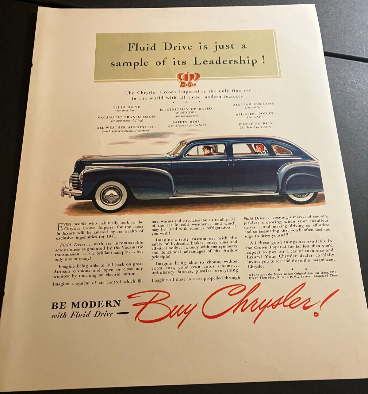 1941 Chrysler Crown Imperial - Vintage Original Automotive Print Ad / Wall Art