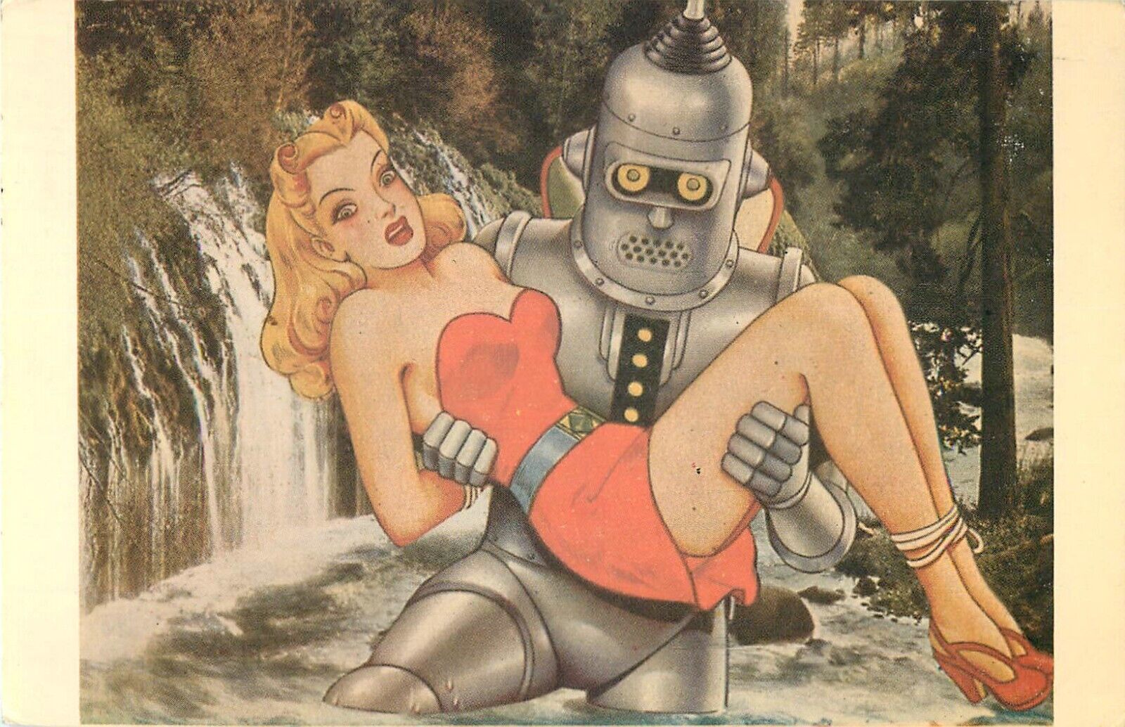 Robot Carries Scantily Clad Sexy Woman Vintage Postcard Gary Lee Nova Artist