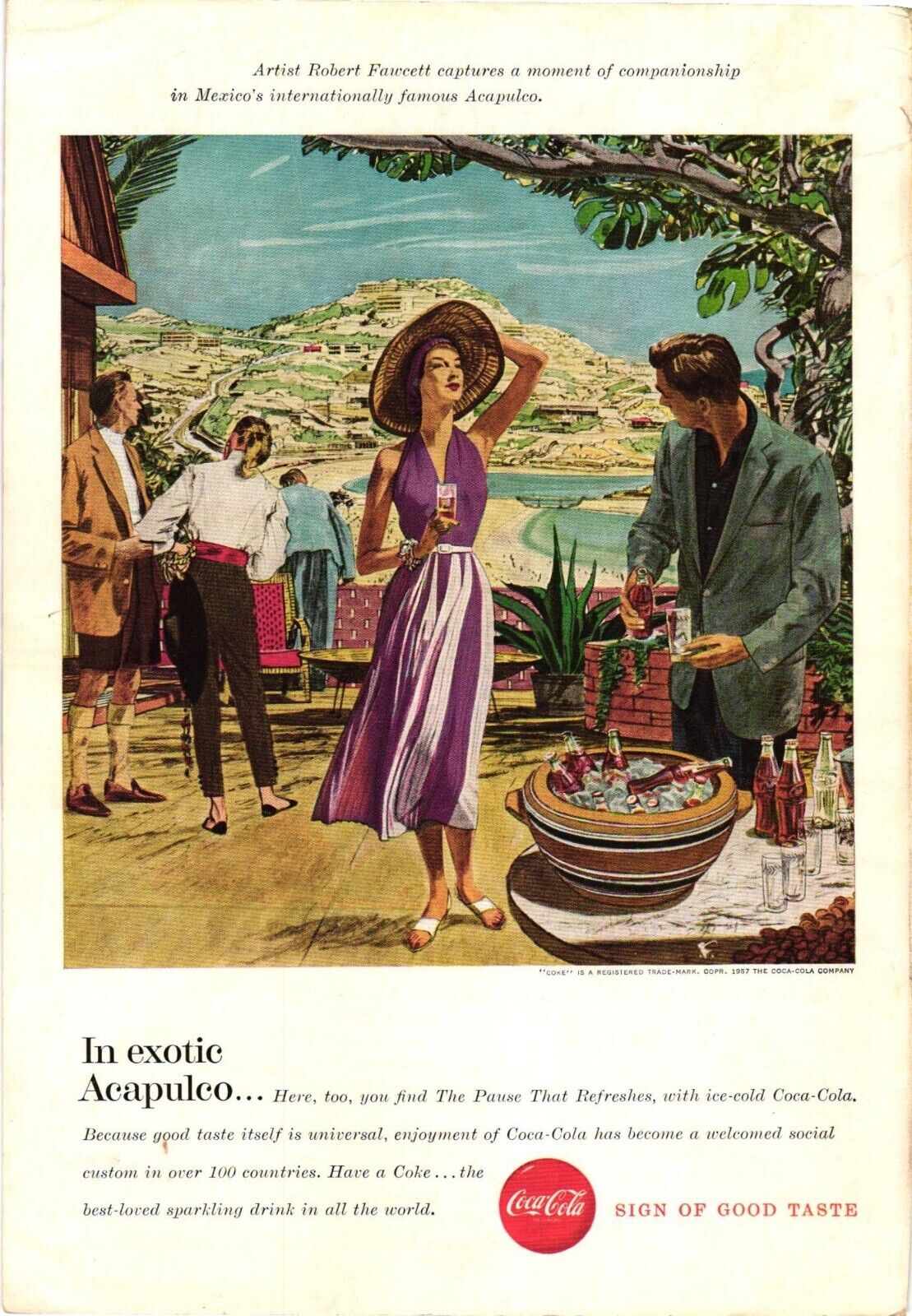 1957 Coca Cola Print Ad ACAPULCO Mexico Artist Robert Fawcett Beach Romance