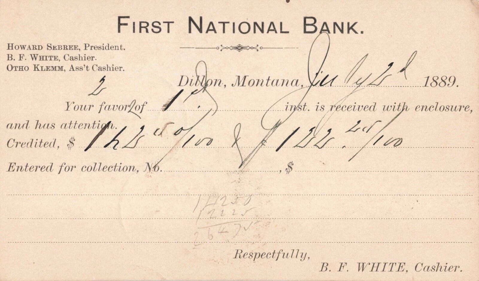 Dillon MT Montana, First National Bank Receipt, Antique 1889 Pioneer Postal Card