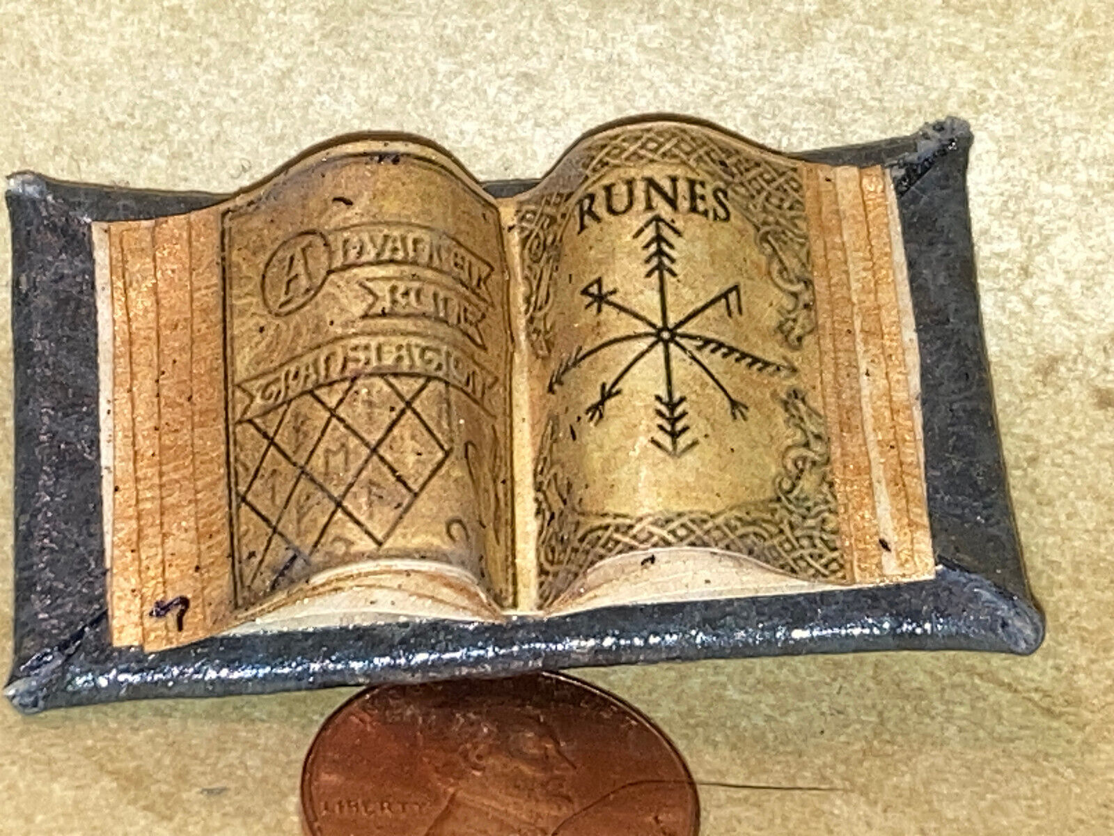 Miniature TINY handmade faux leather Rune Translations Magic opened book Doll