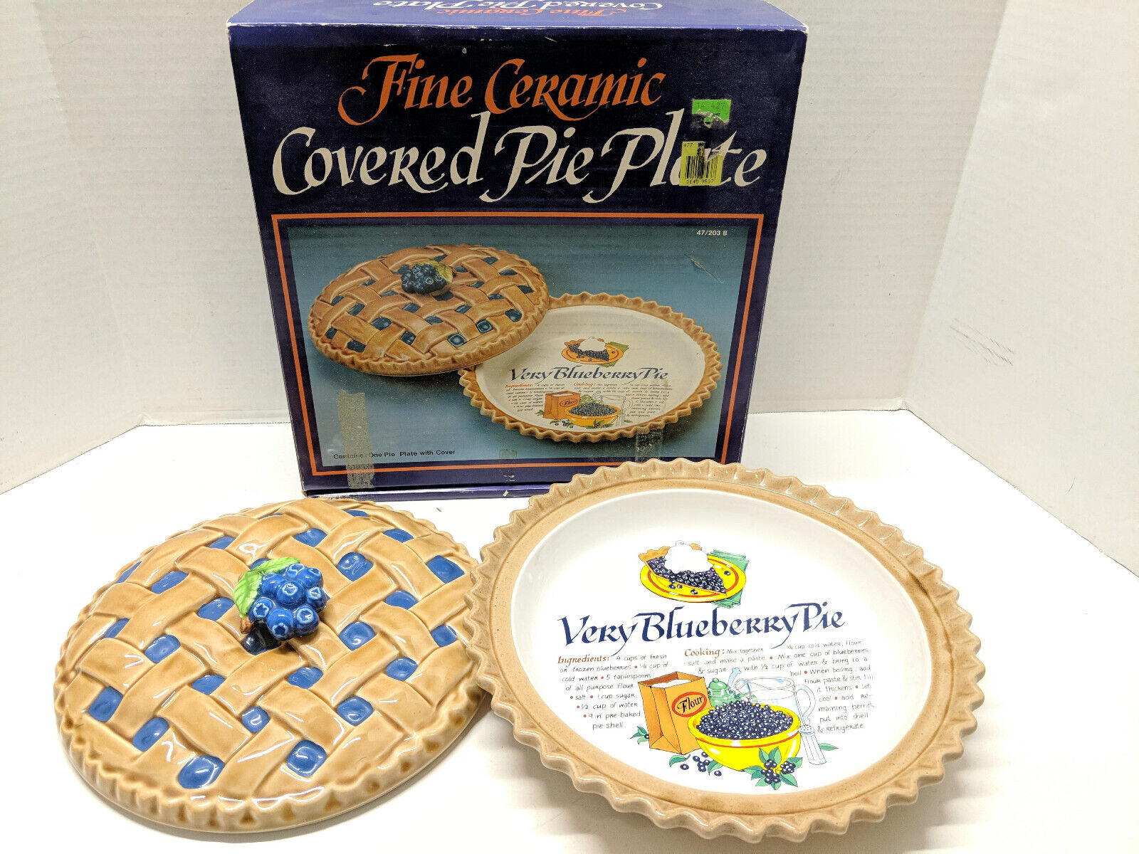 Vintage Blueberry Pie Plate~ Glazed Ceramic Lided Dish with recipe