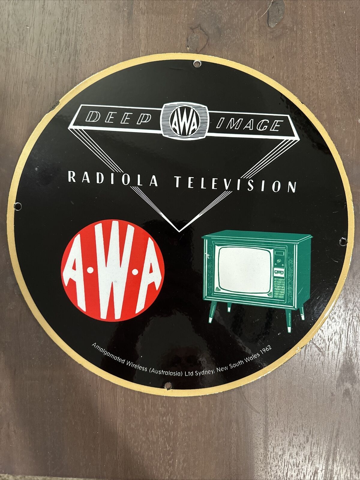 Vintage Porcelain Deep AWA Image Radiola Television Enamel Metal Advrtsng Sign