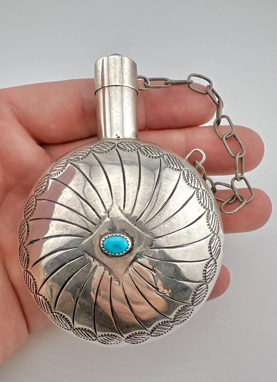 Vtg Navajo Sterling Silver Stamped Turquoise Tobacco Flask Canteen 83g - 3.75\