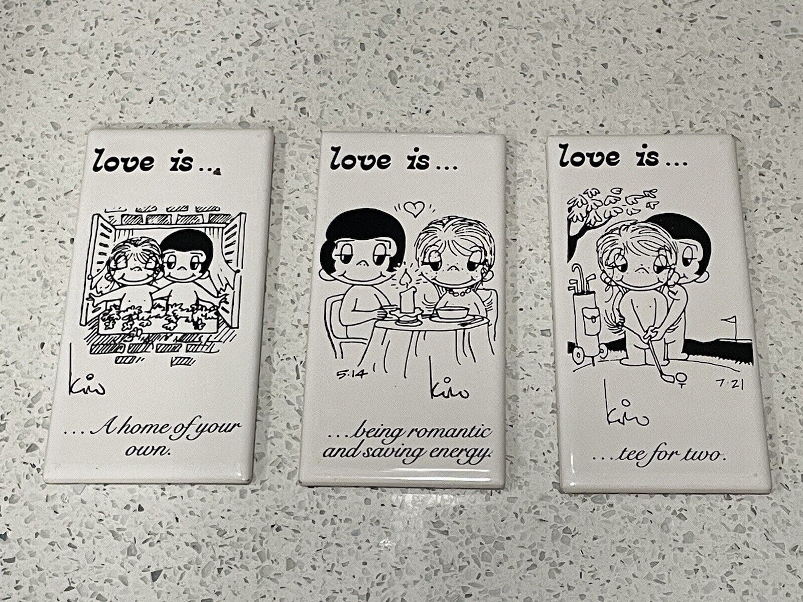 Vintage LOVE IS Ceramic Plaques Kim Casali Set Of 3 1970\'s Kitsch