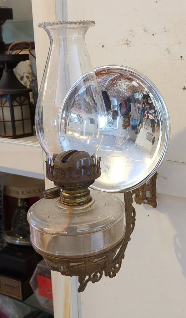 Antique Iron Metal Oil Lamp Wall Bracket w/ RARE Mercury Glass Reflector Light
