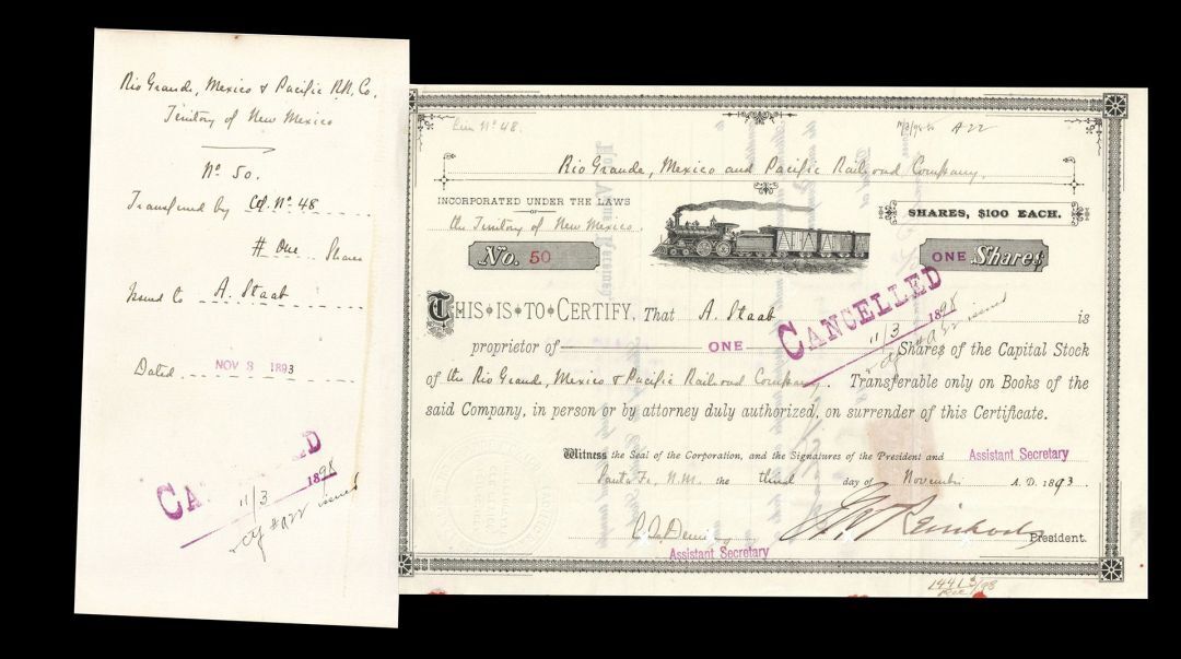 Rio Grande, Mexico and Pacific Railroad Co. - Stock Certificate - Branch Line of