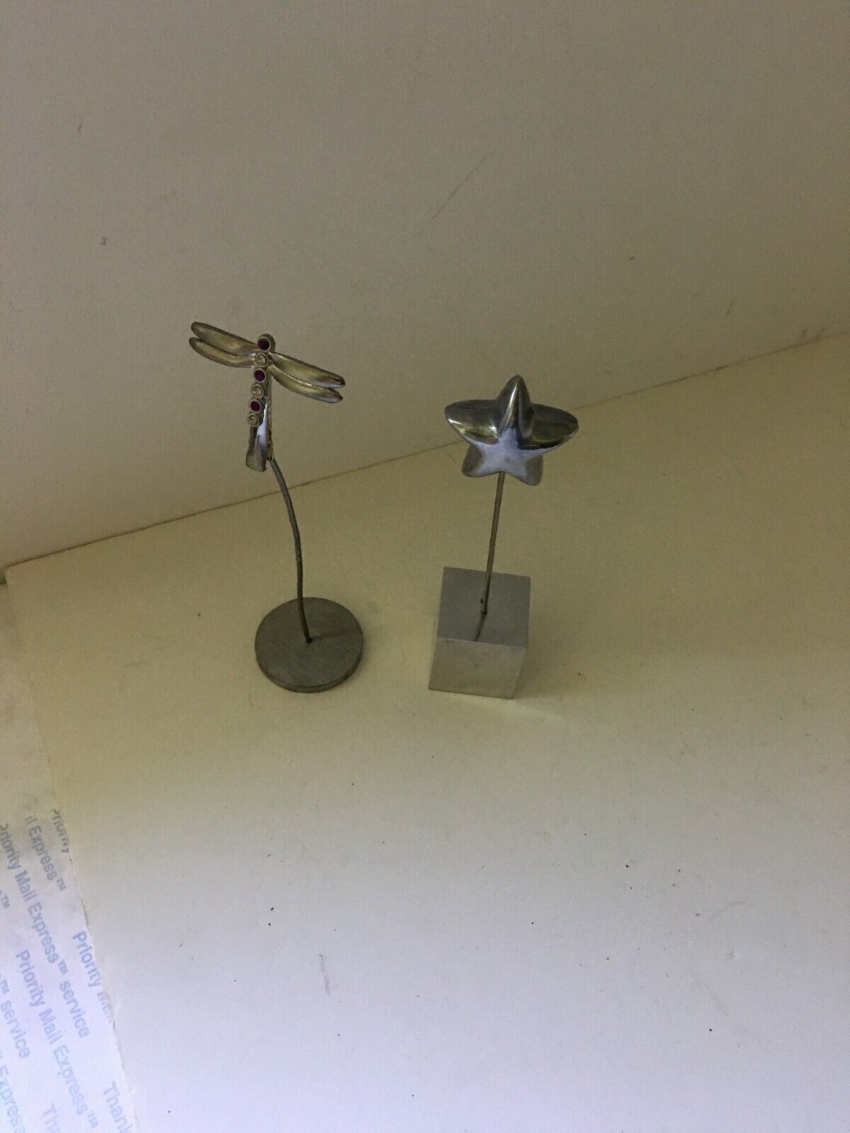 2 Vintage Metal Note/Paper/Clip Holder Stand Jeweled Dragon Fly & Star Magnet