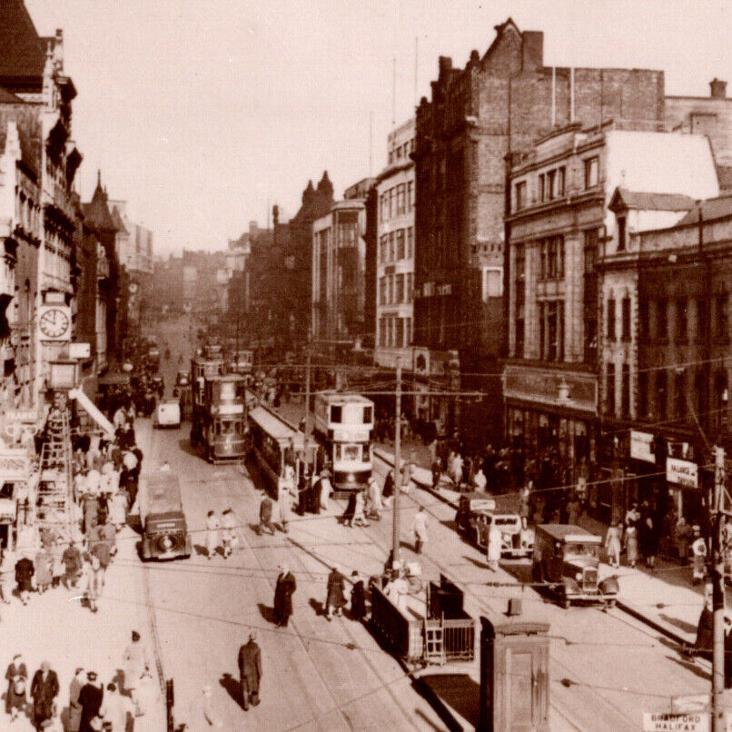 Vintage 1920s Briggate Leeds Street People Cars Schwepp Table Water Postcard UK