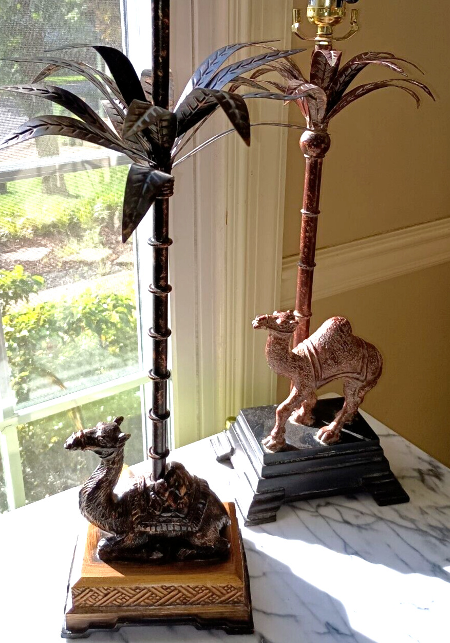 Unique Camel and Palm Tree Bronze Lamps - set of 2, vintage w/ inticate details