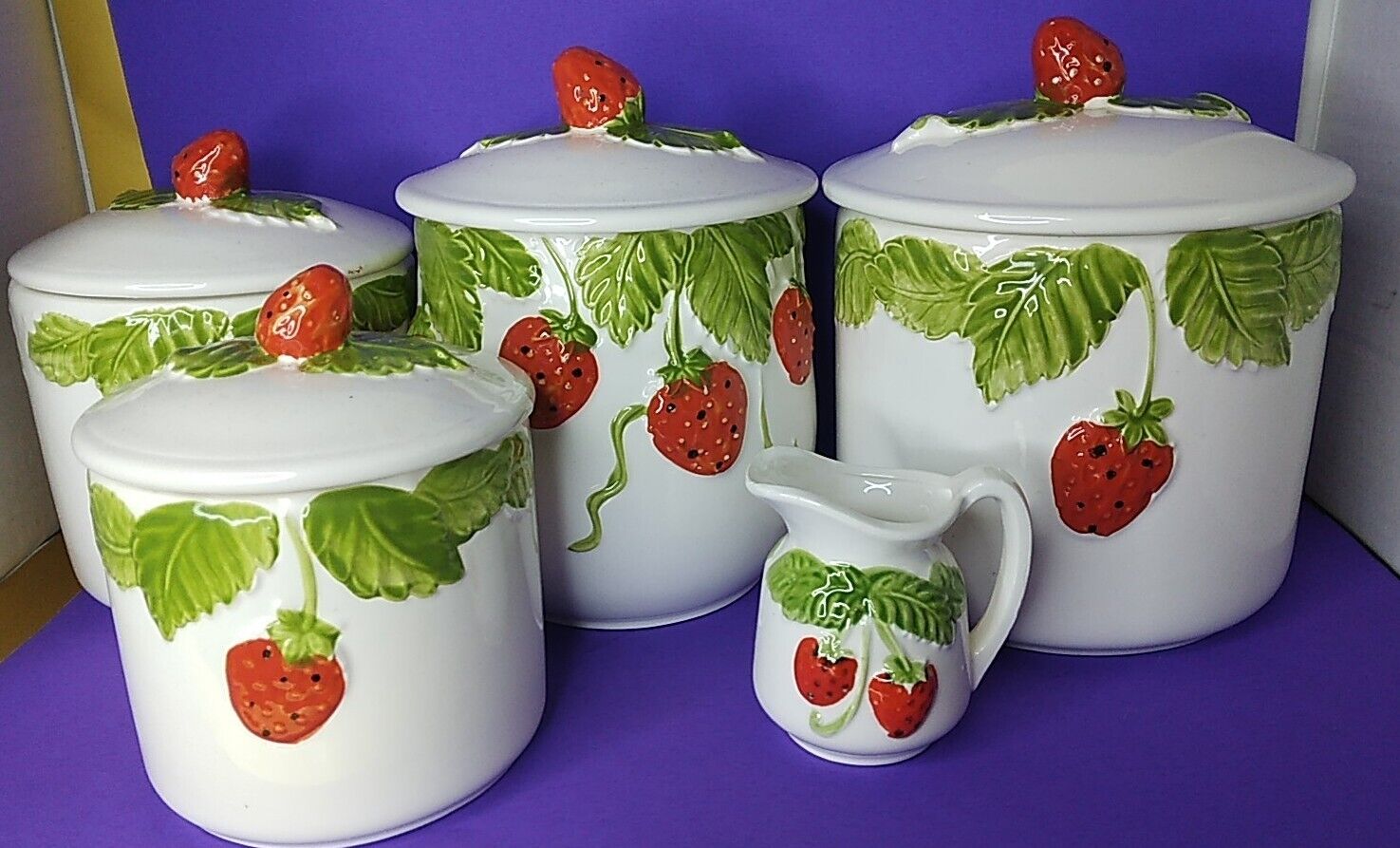Vtg Ardco Porcelain Strawberry Raised Design Canister 9 Piece Set Rare Japan