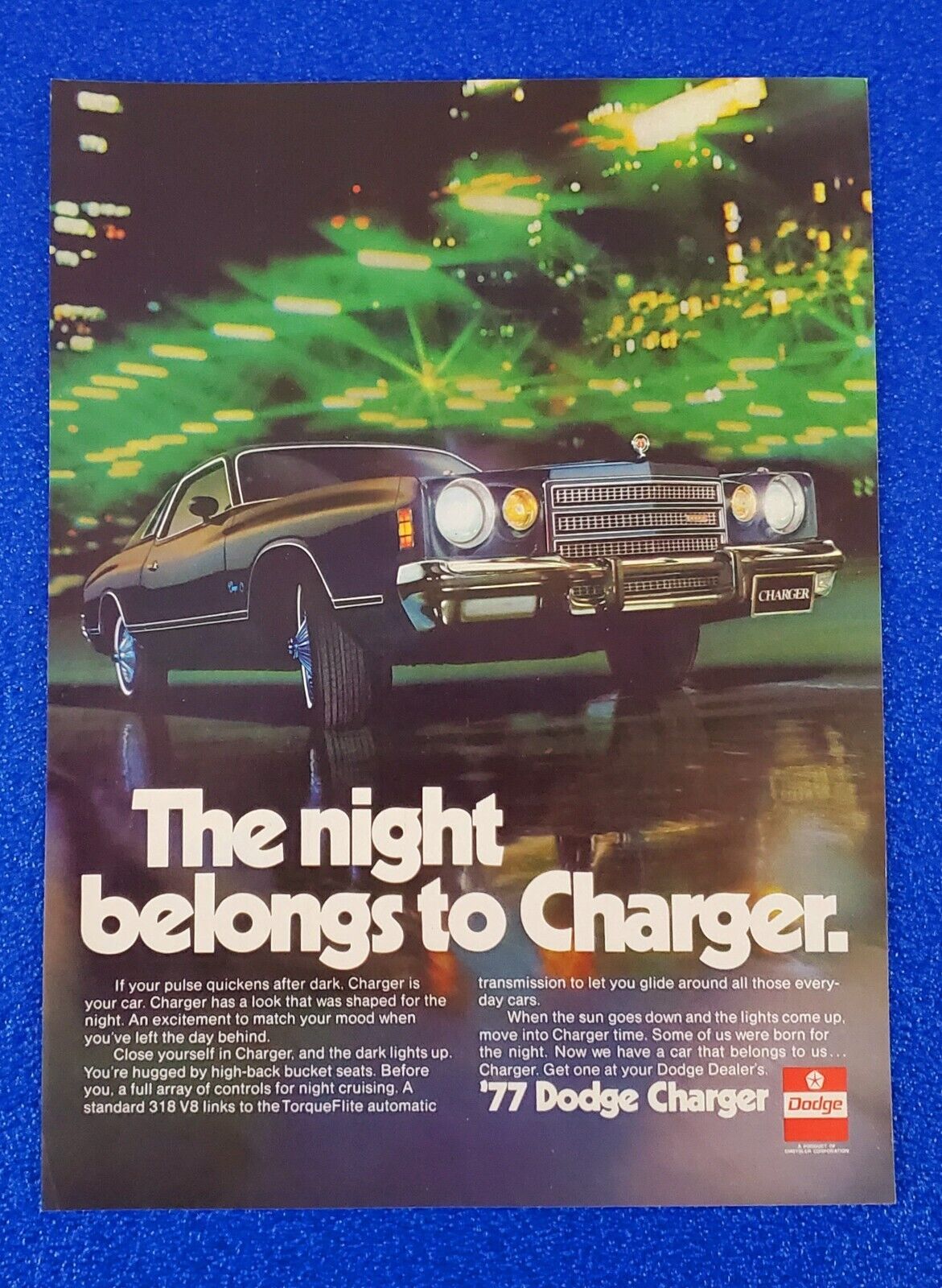 1977 DODGE CHARGER ORIGINAL COLOR PRINT AD  318 V-8 LOT NIGHT BLUE