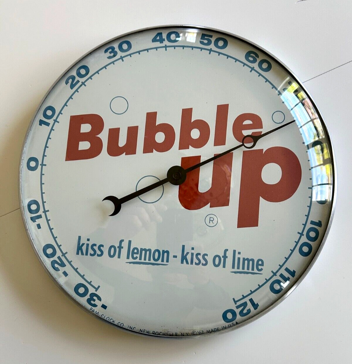 Vintage Bubble Up  Round Glass Thermometer Pam Clock Co. New Rochelle NY U.S.A.