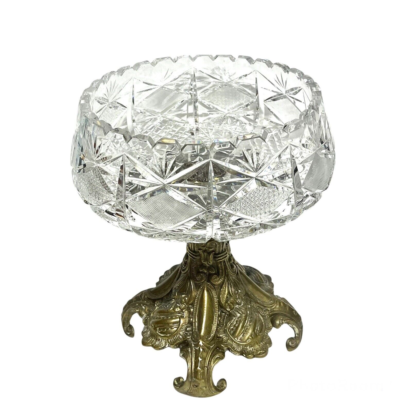 Hand Cut ABP Crystal & Bronze Brass Compote Bowl 10.5” H  9.5” Widest Sawtooth  