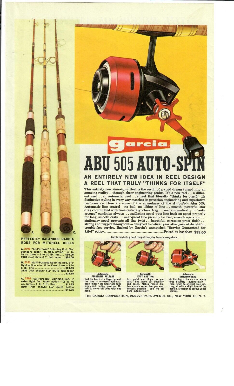 1962 Garcia Abu 505 Auto-Spin Vintage Print Ad Dependable Engineering Fishing