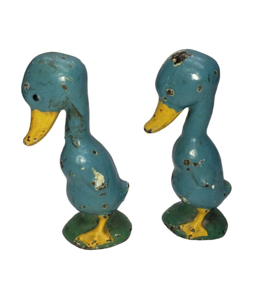 Antique Cast Iron Hubley Doorstops Painted Ducks Paperweights Rare