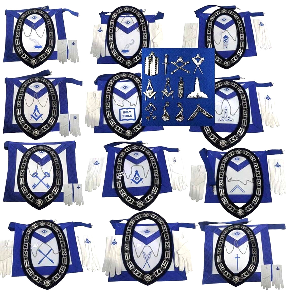 Masonic Blue Lodge Officer Aprons, Chain Collar with jewel,Glove Set Pack  of 12