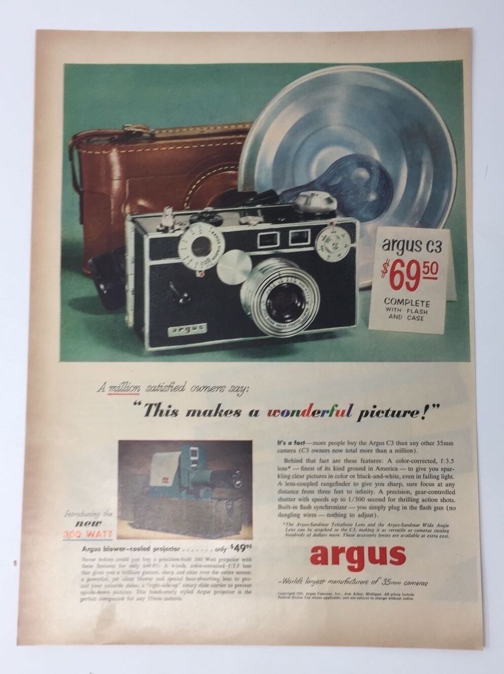 Original Print Ad 1953 ARGUS C3 Camera Wonderful Picture 300 Watt 