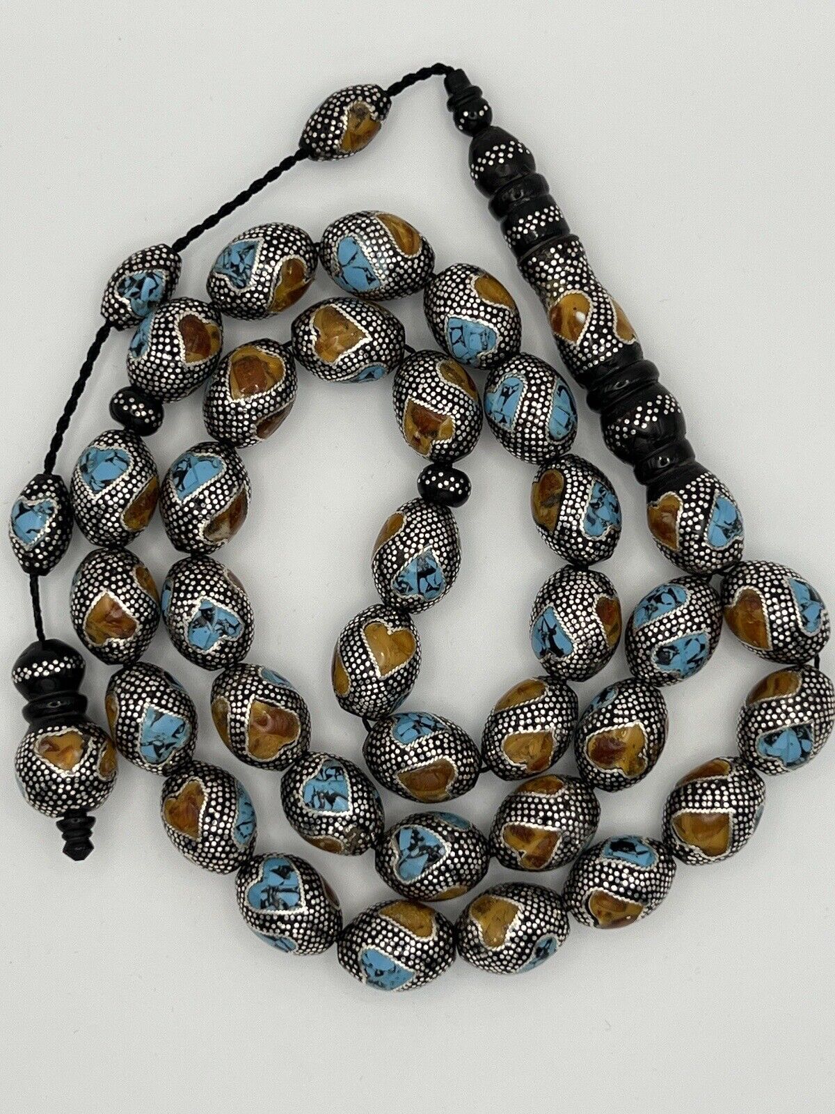 Black Coral Yusr Prayer Beads Inlaid Silver 925 Natural Amber And Turquoise