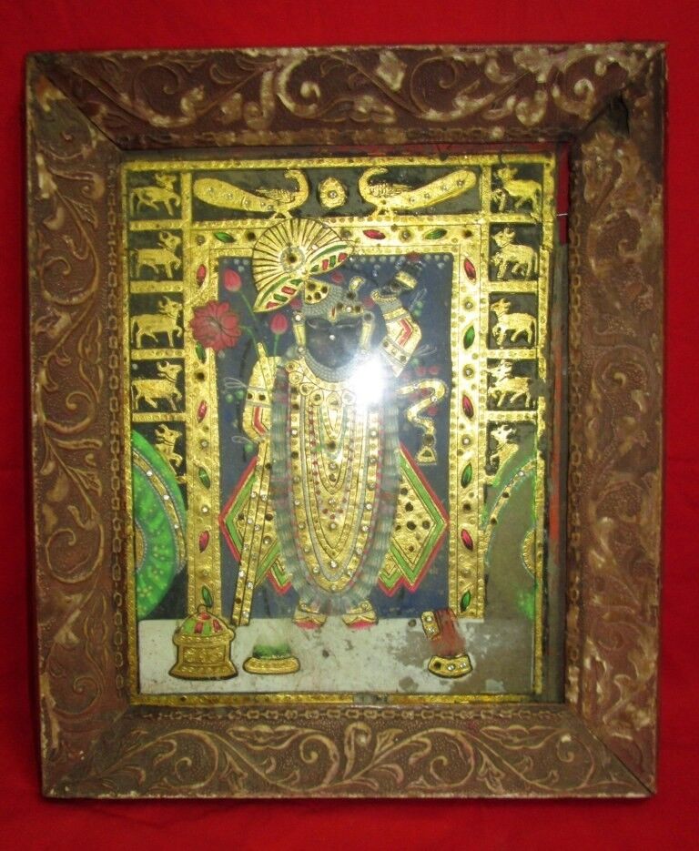 Antique Golden Painting Worked Lord Shrinath Hindu God / Krishna Painting Old 
