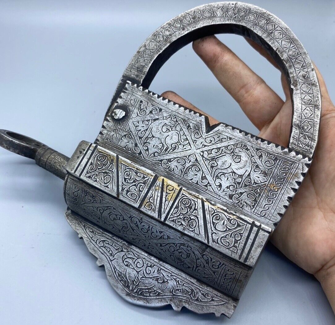 18th C Iron  Padlock Or lock With SCREW TYPE Original Key Nice Decorative Shape
