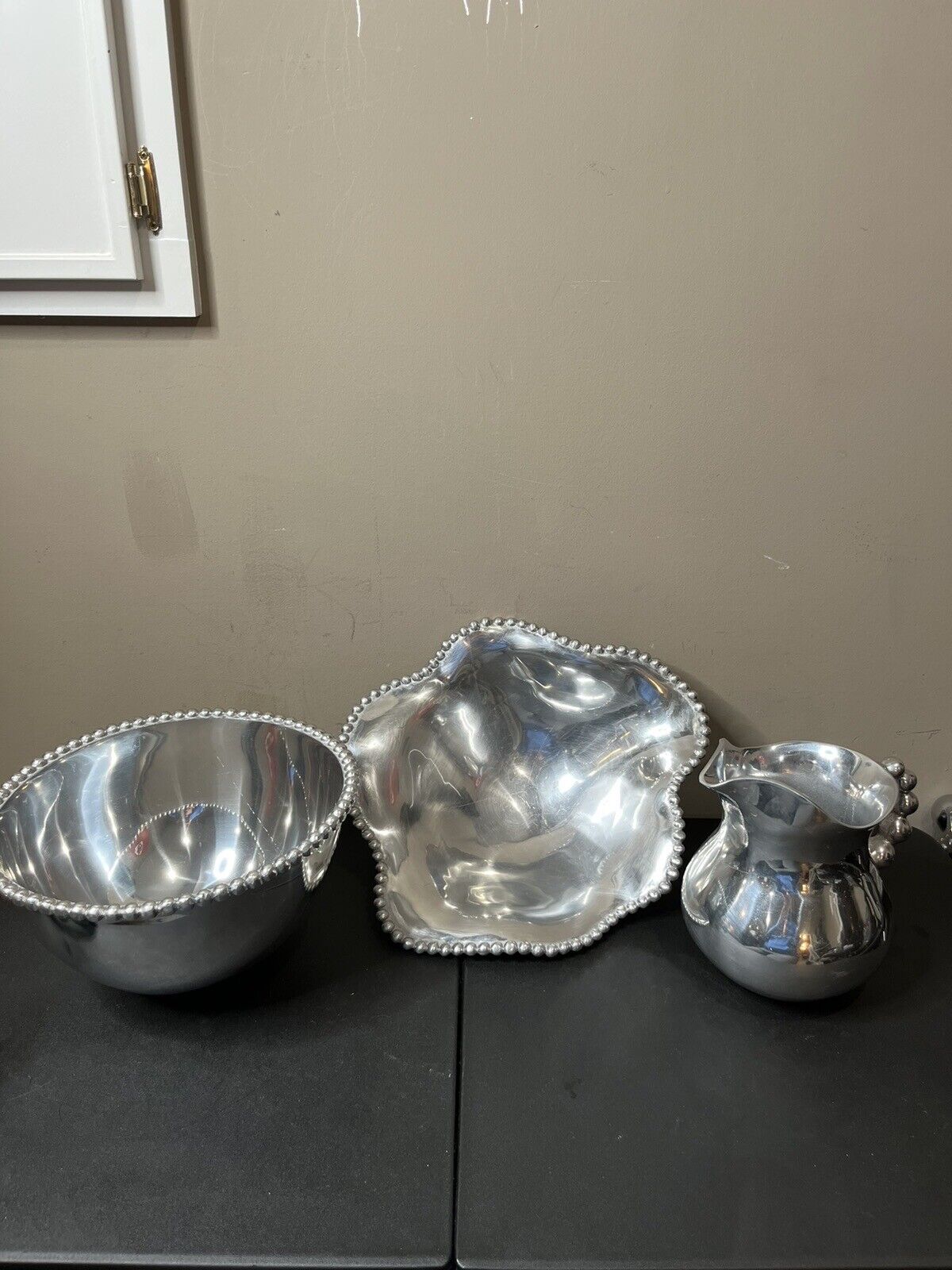 Vintage Lot of Mariposa String of Pearls  Mexico Aluminum Pitcher, Bowl Dish