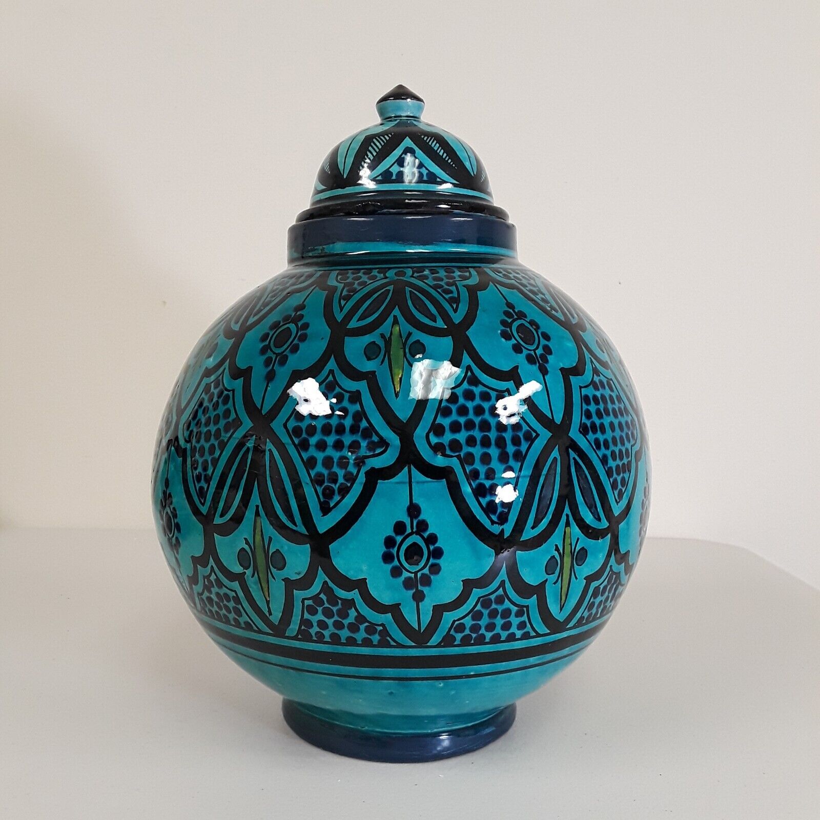 Vintage Moroccan Urn Exotic Handmade Wheel Thrown Terracotta Vase Turquoise Blue
