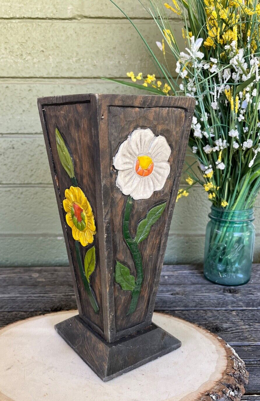 RARE Vintage Wood Hand Carved Folk Art Flowers Vase Mexico Bas Relief