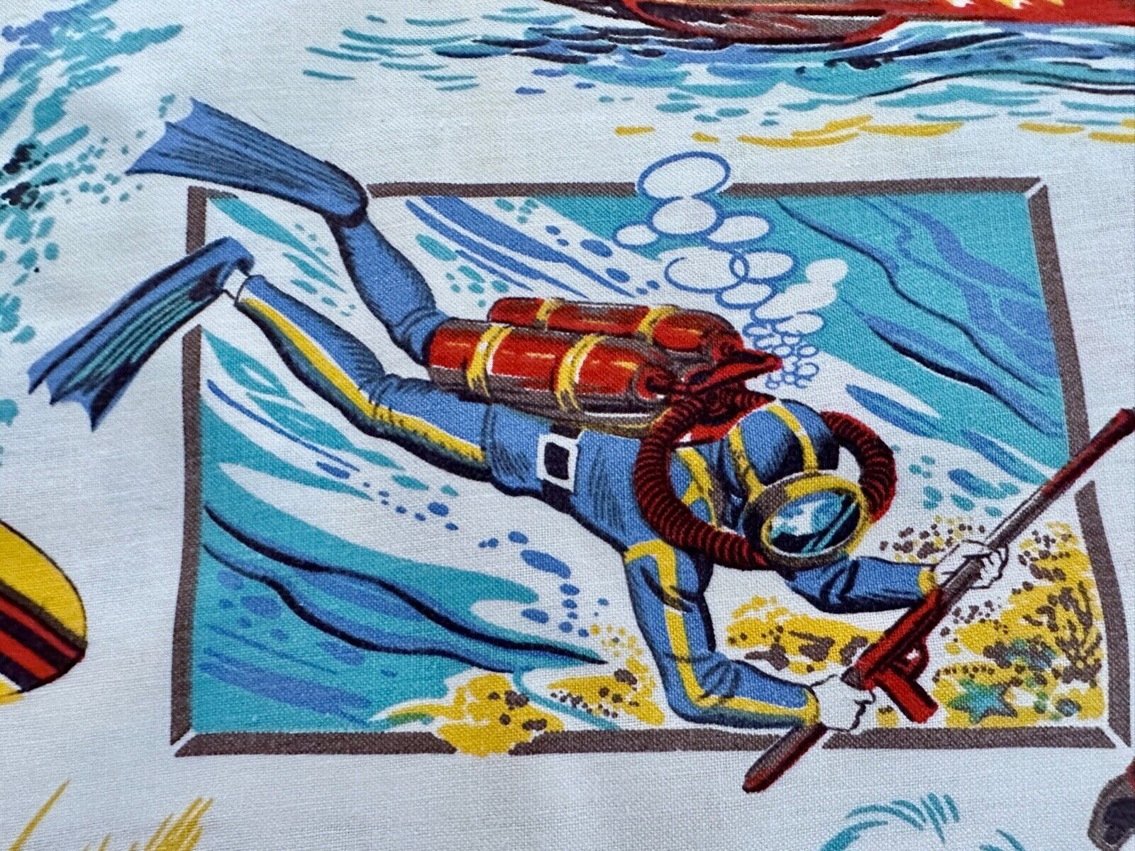 OCEANIC Adventures of the 1950\'s 60\'s SCUBA SURFER Barkcloth Era Vintage Fabric