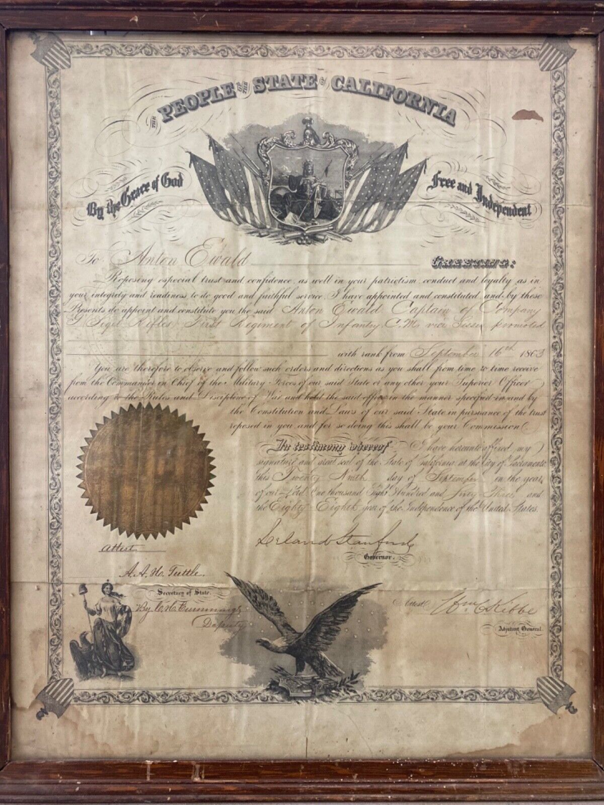 🔥 RARE Antique CIVIL WAR Old CALIFORNIA Military Document, Leland STANFORD 1863