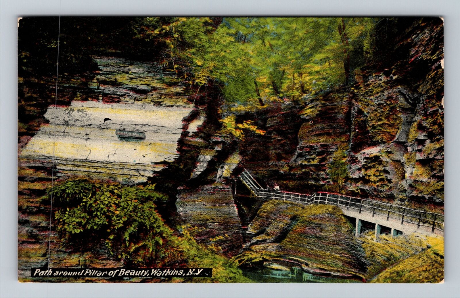 Watkins NY-New York, Path Around Pillar Of Beauty Vintage Souvenir Postcard