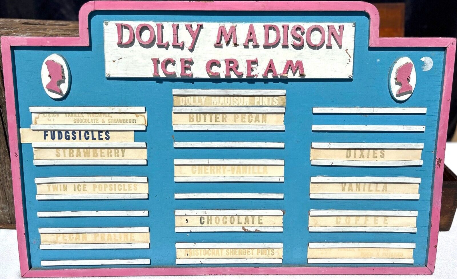 1960\'s Dolly Madison Ice Cream Flavor WOOD Sign - American Novelty Works, Pa.