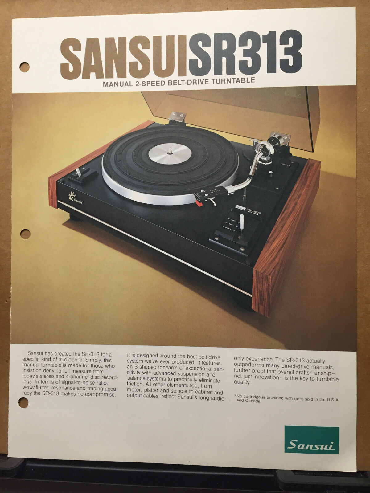 Vtg Sansui Catalog Insert ~ SR313 Turntable Spec Sheet ~ Original Brochure