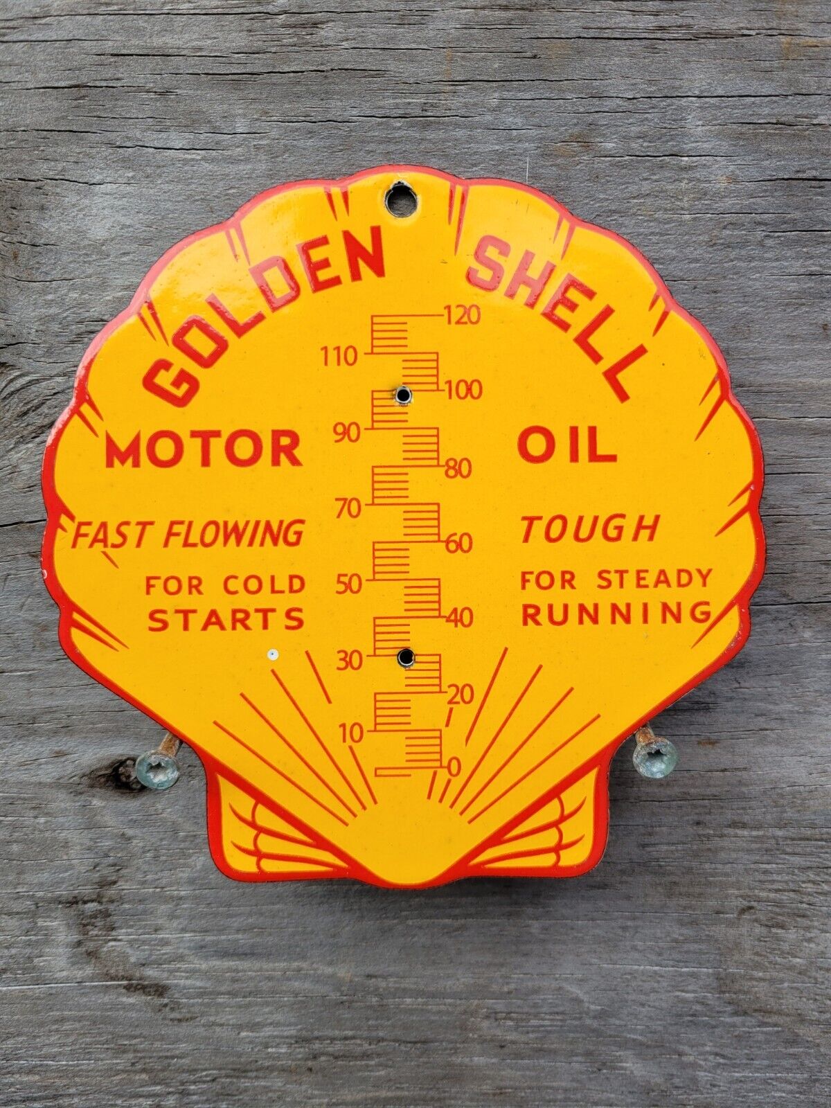 VINTAGE GOLDEN SHELL PORCELAIN SIGN GAS & MOTOR OIL OLD THEMOMETER PLATE BACKER