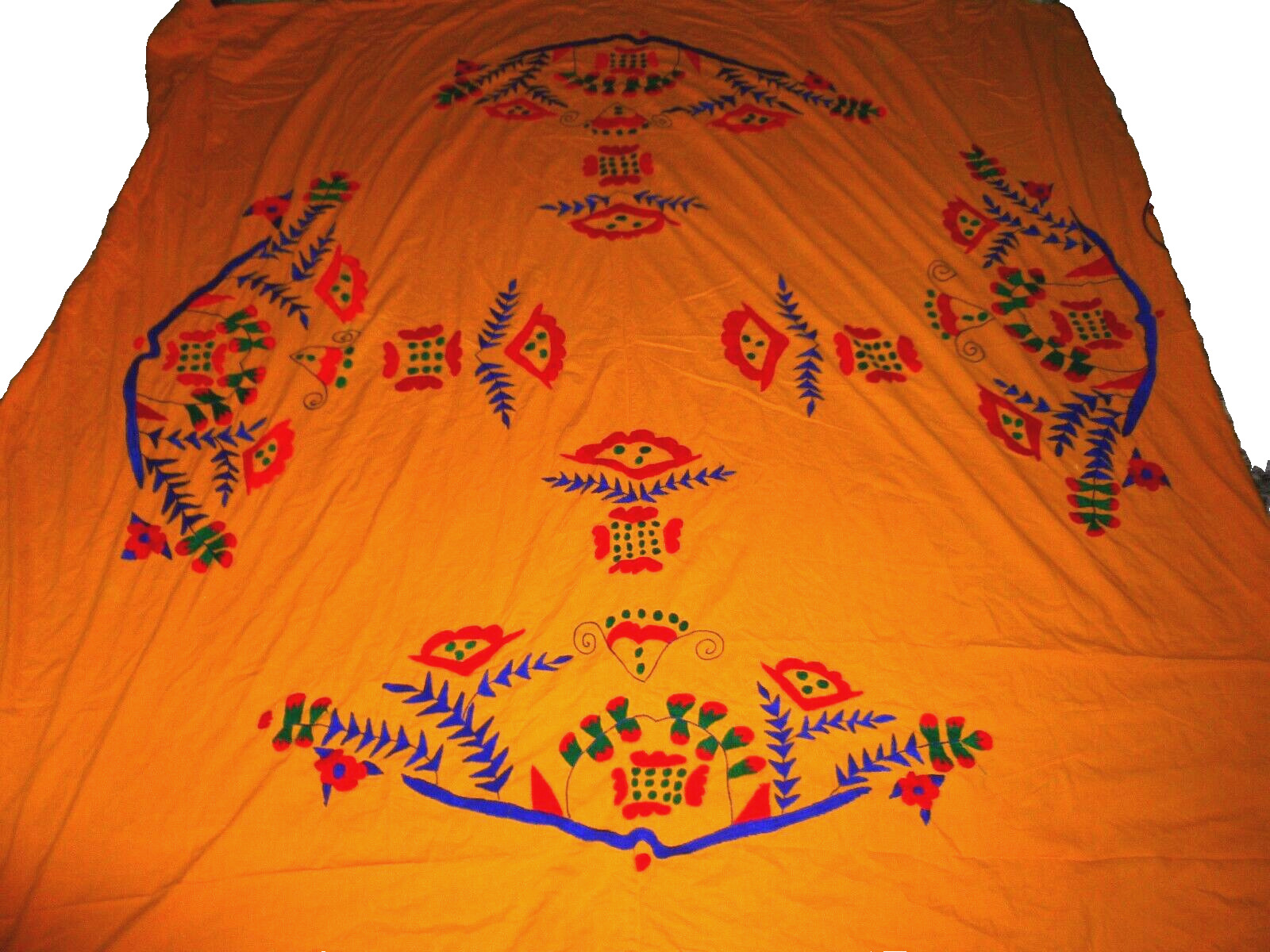 Vintage Mexican Tbalecloth Bedspread Hand Embroidery Yellow Cotton Cloth 82x82\
