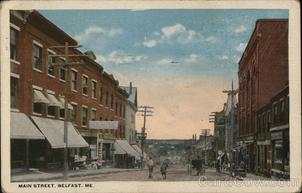 1917 Belfast,ME Main Street Waldo County Maine Antique Postcard 1c stamp Vintage