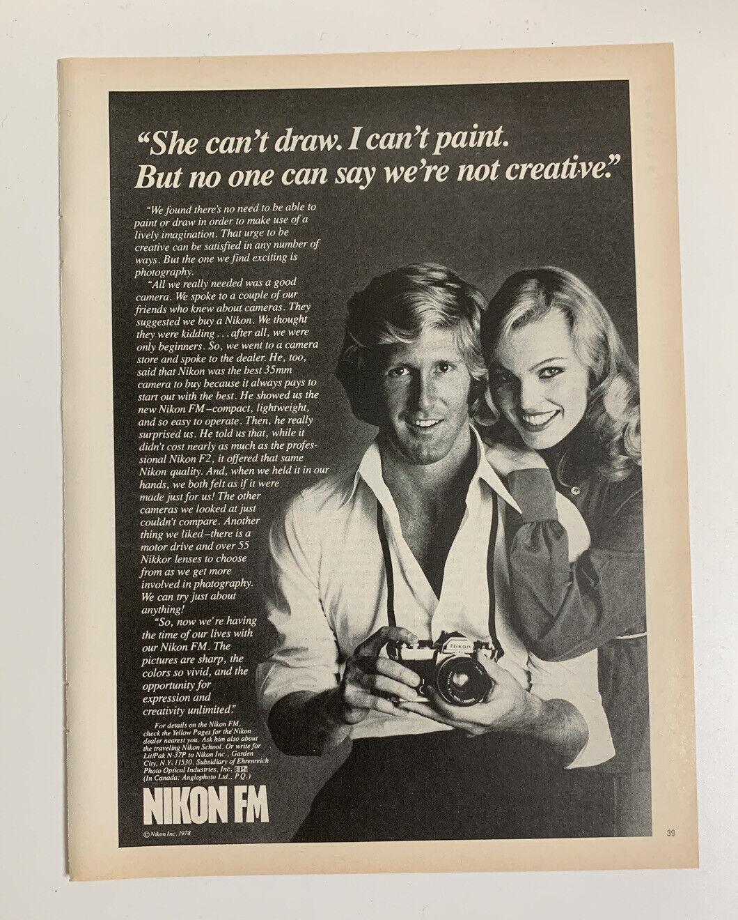 1978 Nikon FM Camera Print Ad Vintage Original Advertisement She Can’t Draw
