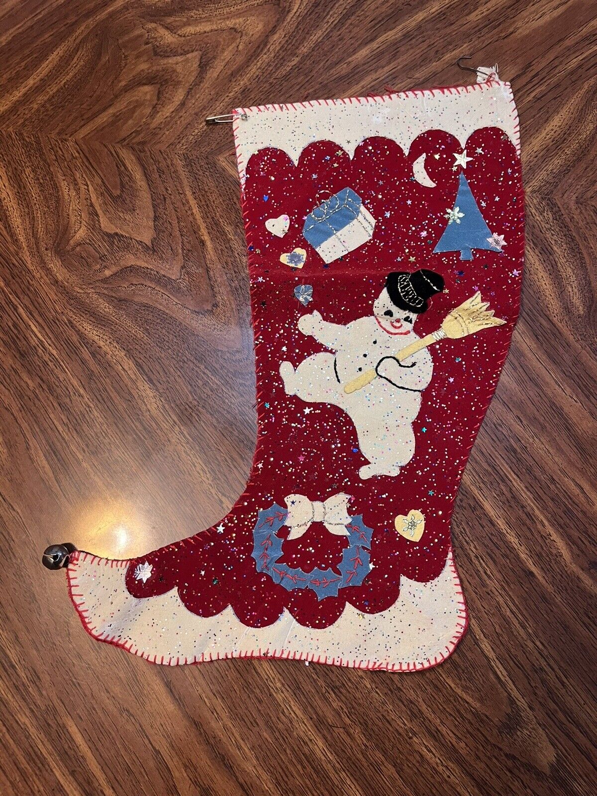Vtg 60s Red Felt Snowman Christmas Stocking Handmade