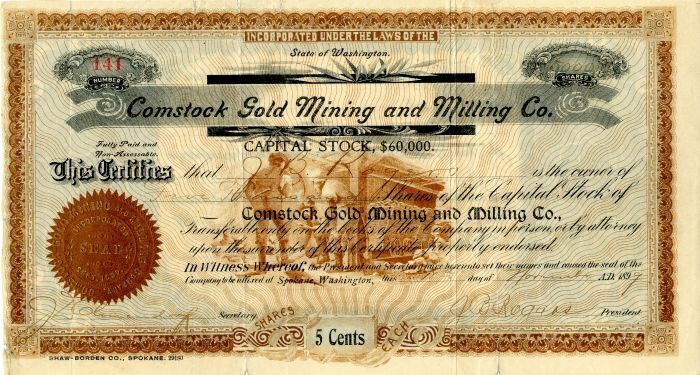 Comstock Gold Mining and Milling Co. - Stock Certificate - Mining Stocks