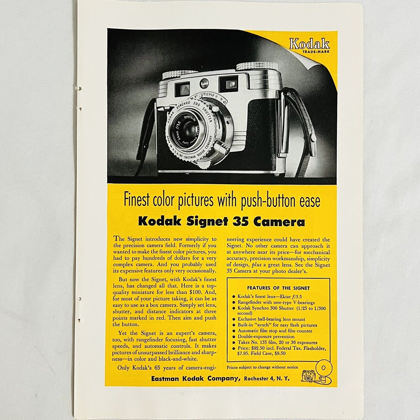 Vtg 1954 Eastman Kodak Signet 35 Camera Ektar Lens Magazine Print Ad 7\