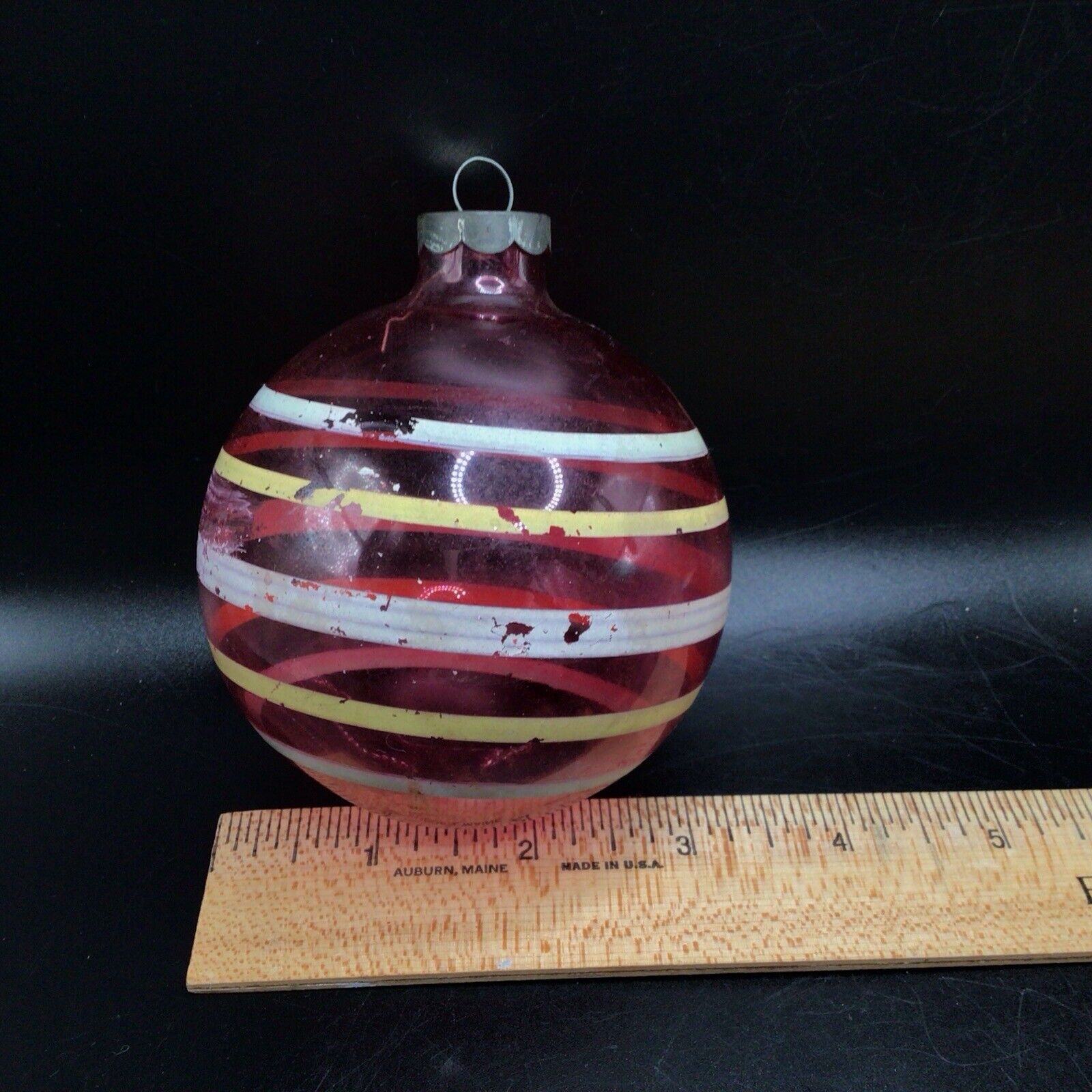 Vintage Unsilvered WWII-era Glass Striped BALL Christmas Ornament Shiny Brite
