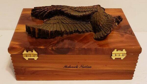 Mohawk Nation Vintage Cedar Box With Raised Brass Eagle Emblem Hinged Lid