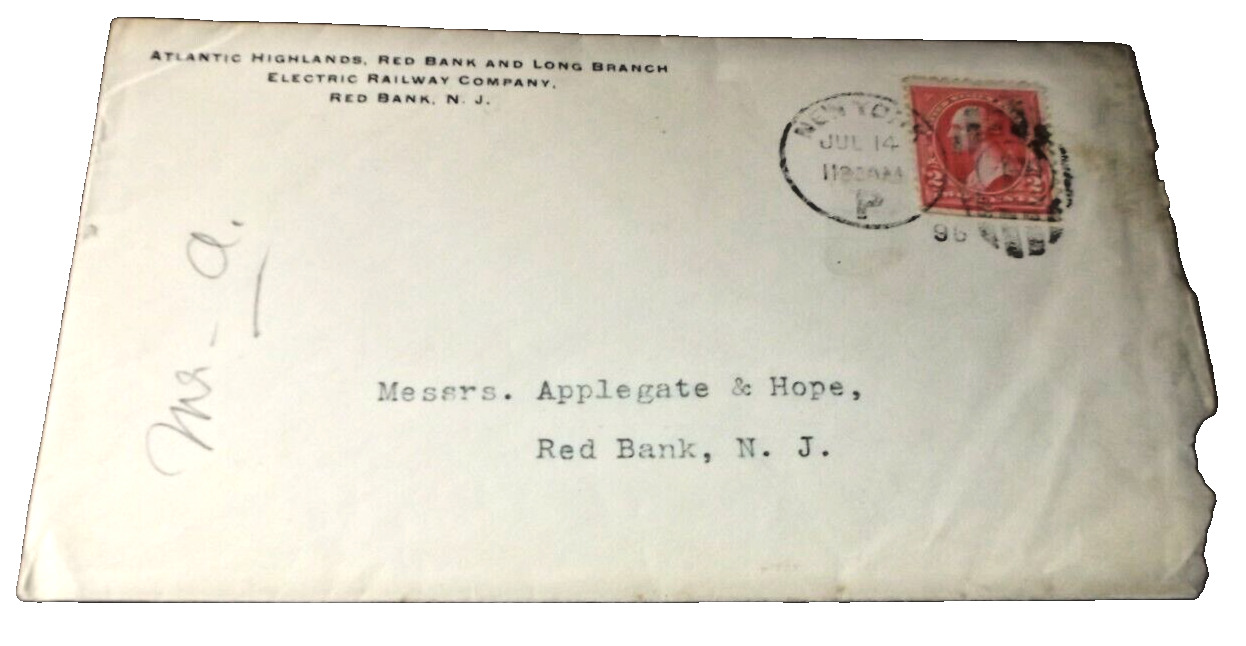 1896 ATLANTIC HIGHLANDS RED BANK AND LONG BRANCH RAILWAY USED COMPANY ENVELOPE