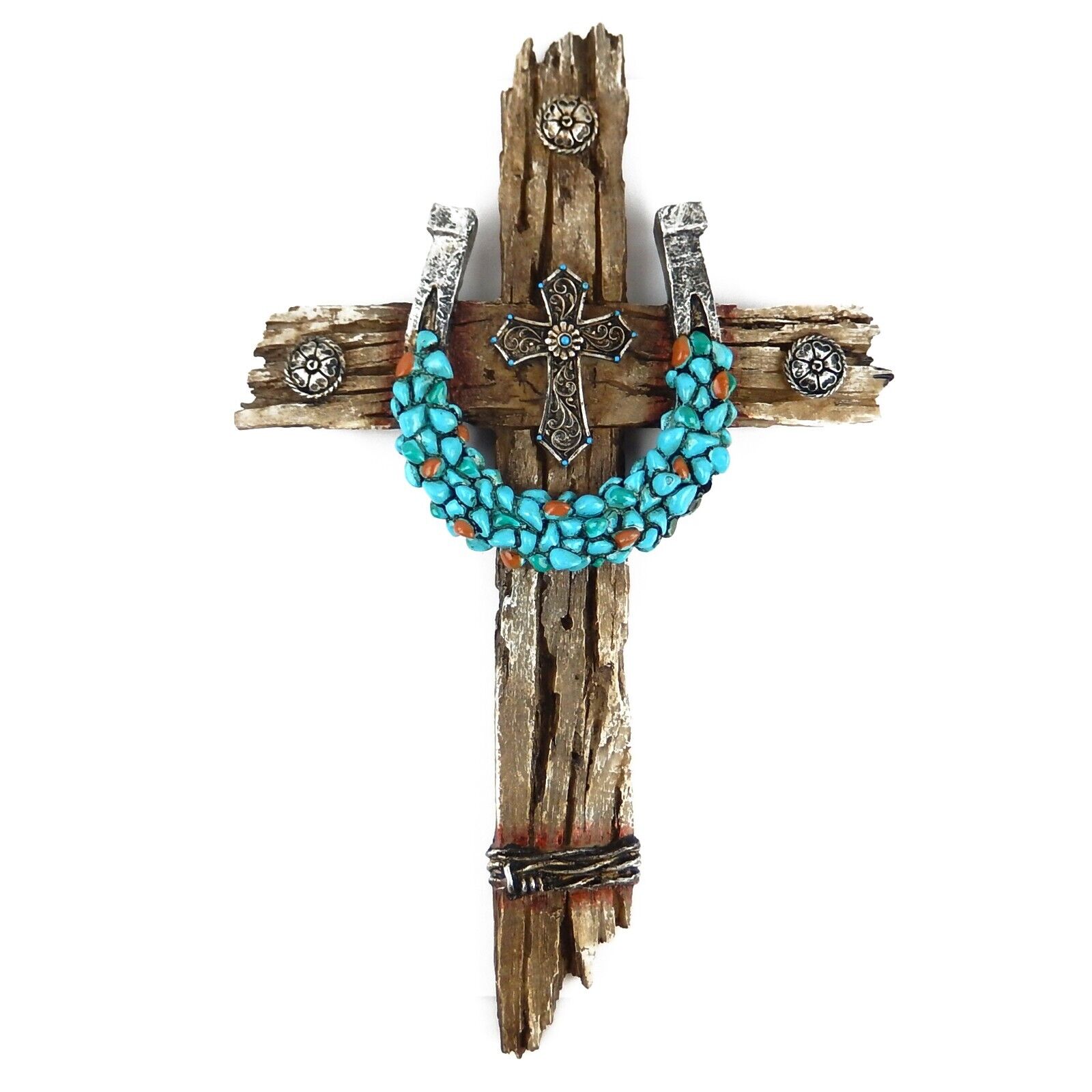 Turquoise Horseshoe Wall Cross Layered Rustic Faux Weathered Wood Conchos 12.5\