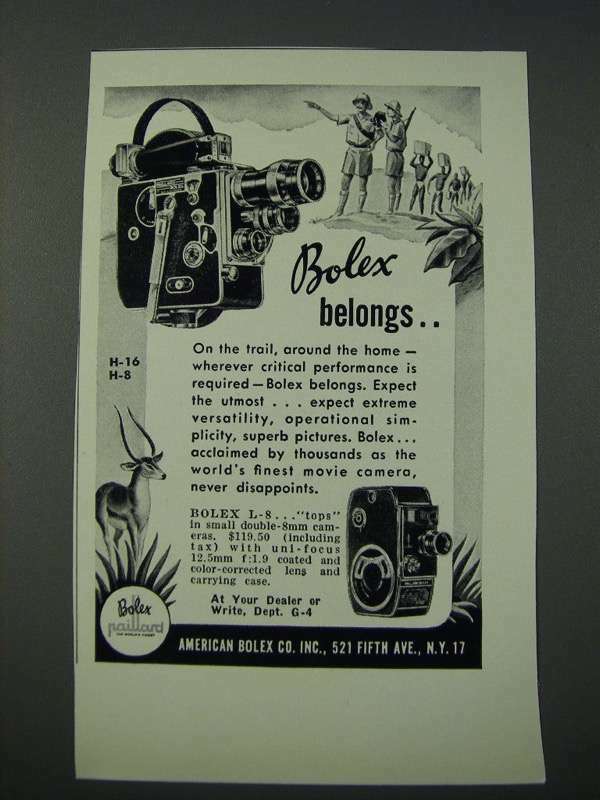1949 Bolex H-16, H-8 and L-8 Movie Cameras Ad - Bolex Belongs