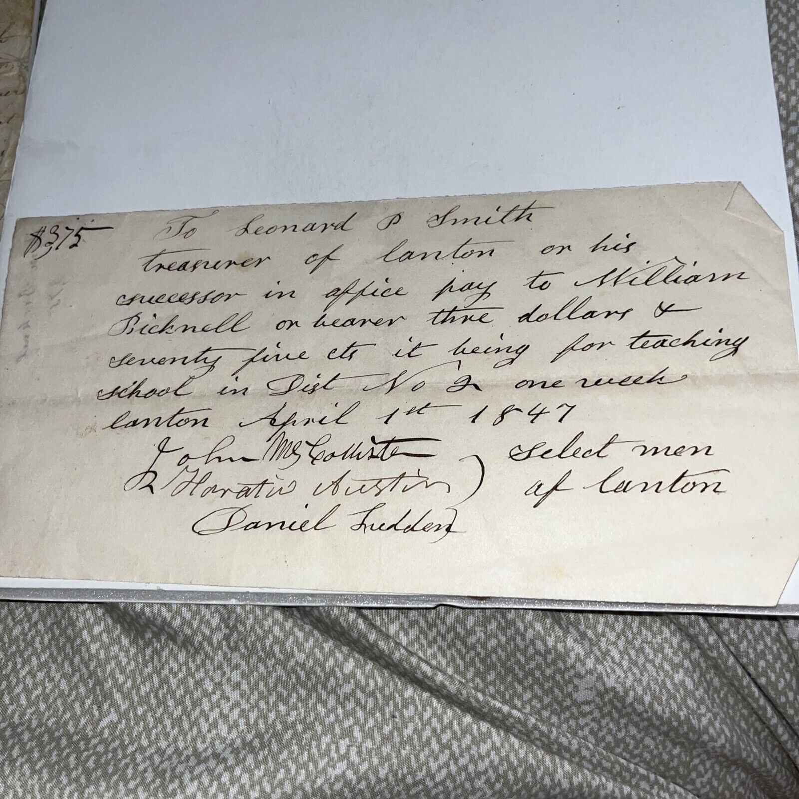 1847 Pre Civil War Canton ME Town IOU to Teacher William Bicknell Daniel Ludden