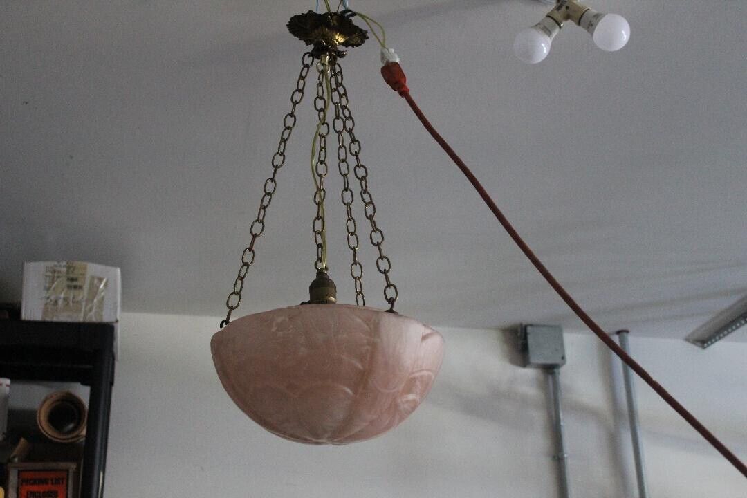 vintage 1930-40s French inverted pink glass hanging fixture