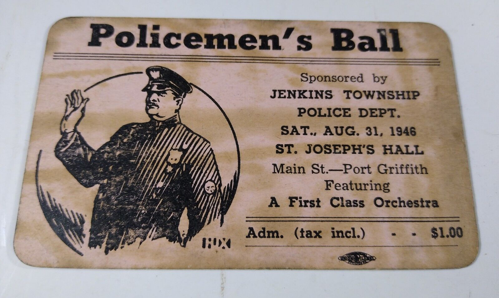 Vintage Policemen\'s Ball Ticket, Jenkins Township PA, Wilkes-Barre, Scranton